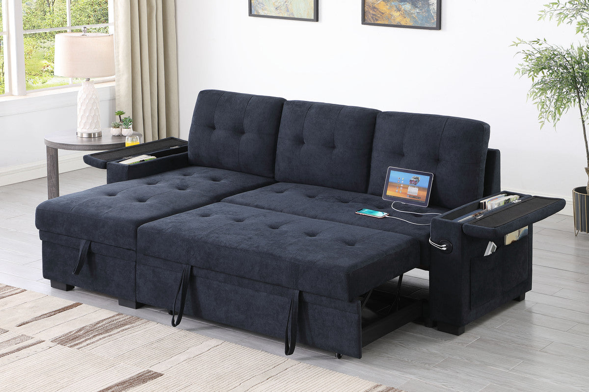 Aurora II 84"W Dark Gray Woven Fabric Reversible Sleeper Sectional Sofa with Storage Chaise, Storage Arm, Cup Holder, Charging Ports, Side Pockets, and Pocket Coil Seating