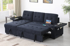 Aurora II 84"W Dark Gray Woven Fabric Reversible Sleeper Sectional Sofa with Storage Chaise, Storage Arm, Cup Holder, Charging Ports, Side Pockets, and Pocket Coil Seating