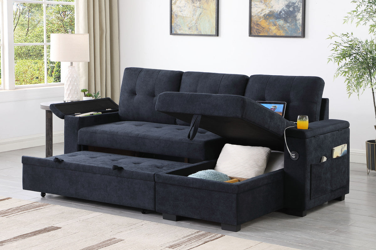 Aurora II 84"W Dark Gray Woven Fabric Reversible Sleeper Sectional Sofa with Storage Chaise, Storage Arm, Cup Holder, Charging Ports, Side Pockets, and Pocket Coil Seating