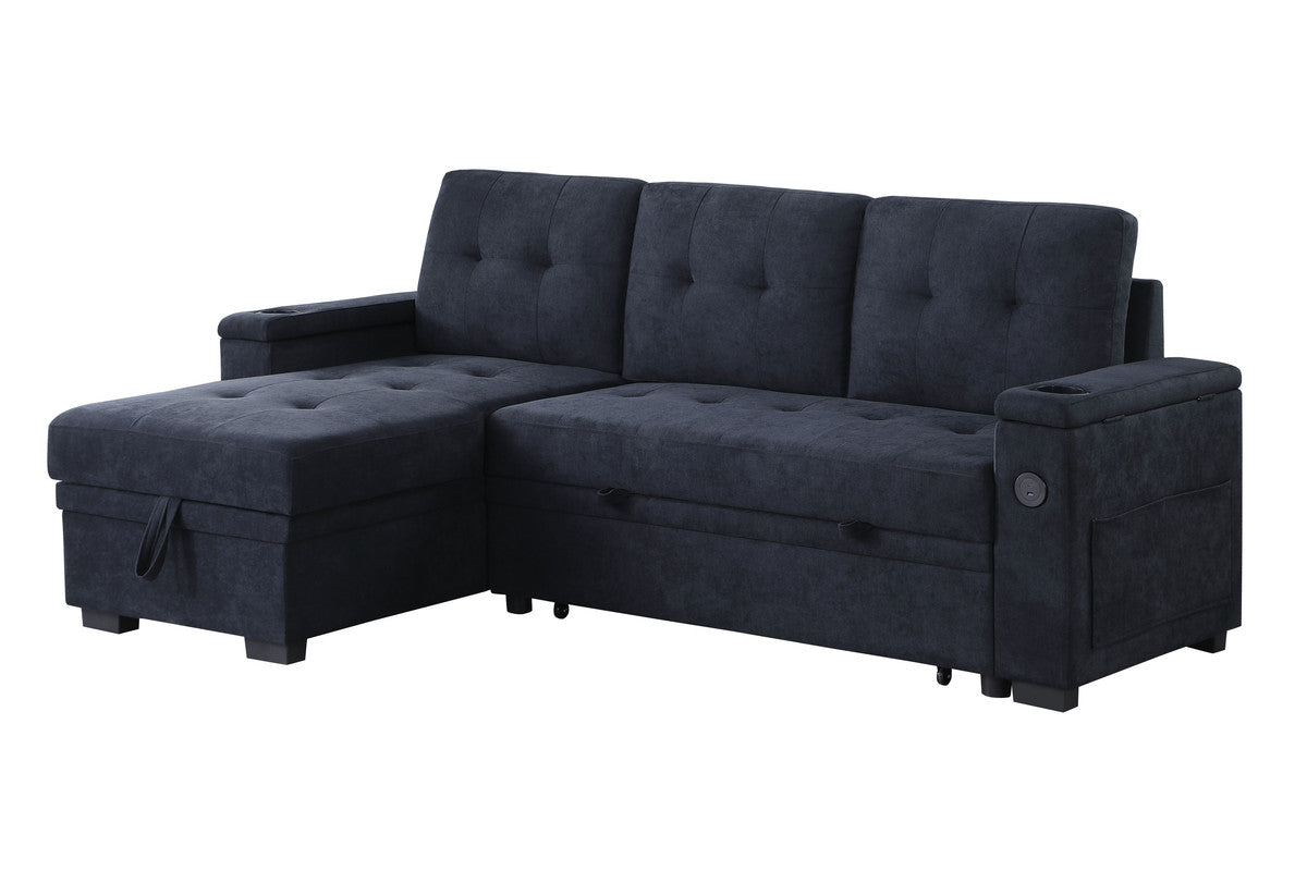 Aurora II 84"W Dark Gray Woven Fabric Reversible Sleeper Sectional Sofa with Storage Chaise, Storage Arm, Cup Holder, Charging Ports, Side Pockets, and Pocket Coil Seating