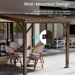 8' x 8' Lean to Gazebo, Wall Mounted Gazebos Pergola with Built in Drainage System, Galvanized Steel Roof, Hardtop Patio Shelter for Deck, Porch, Backyard and More,Brown