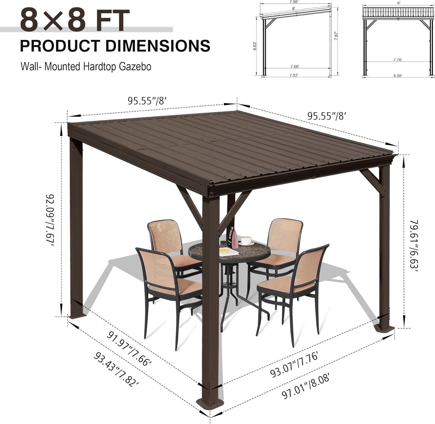 8' x 8' Lean to Gazebo, Wall Mounted Gazebos Pergola with Built in Drainage System, Galvanized Steel Roof, Hardtop Patio Shelter for Deck, Porch, Backyard and More,Brown