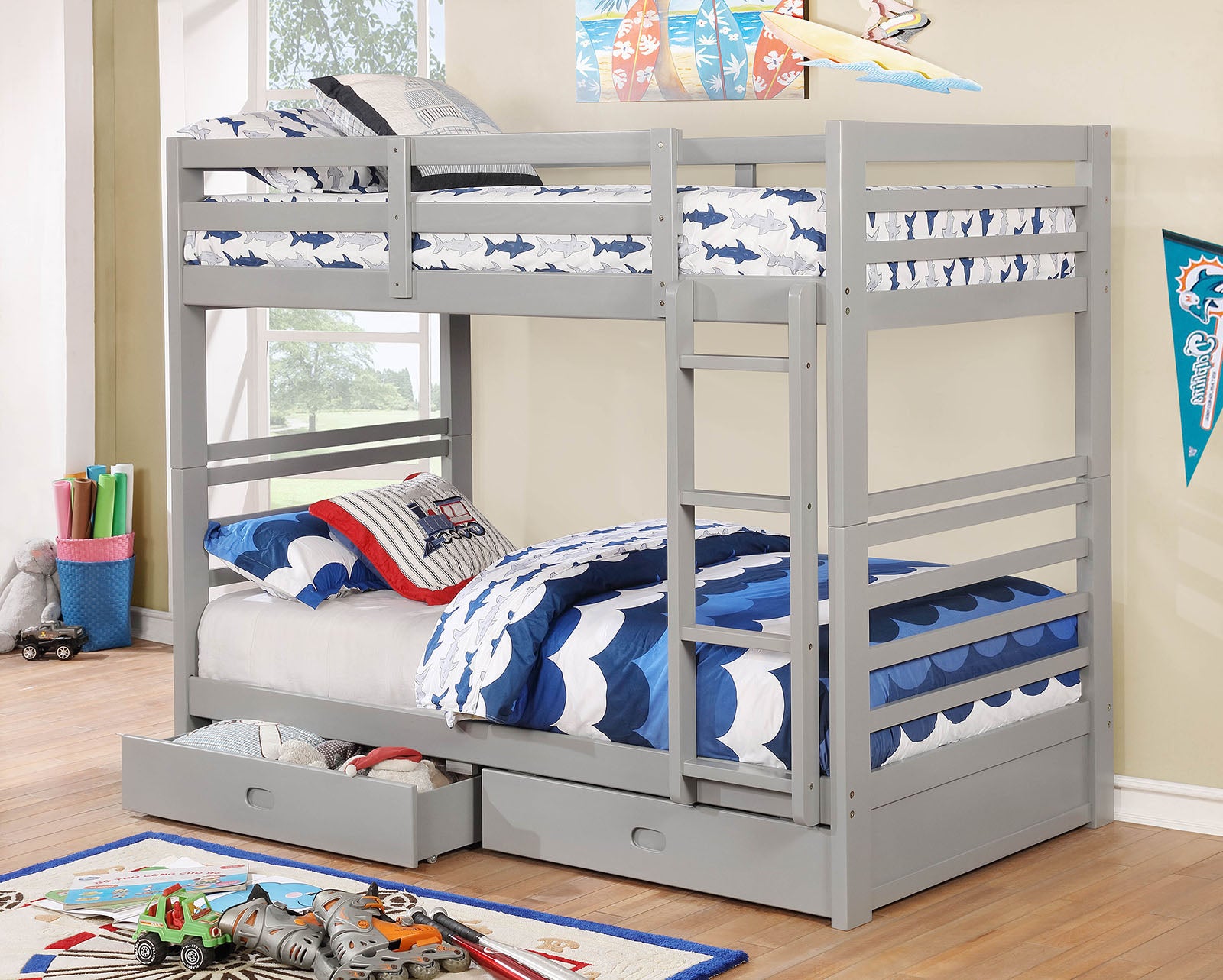 Twin Over Twin Modern Transitional Bunk Bed With Two Drawers For Under Bed Storage And Attached Ladder Gray