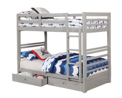 Twin Over Twin Modern Transitional Bunk Bed With Two Drawers For Under Bed Storage And Attached Ladder Gray