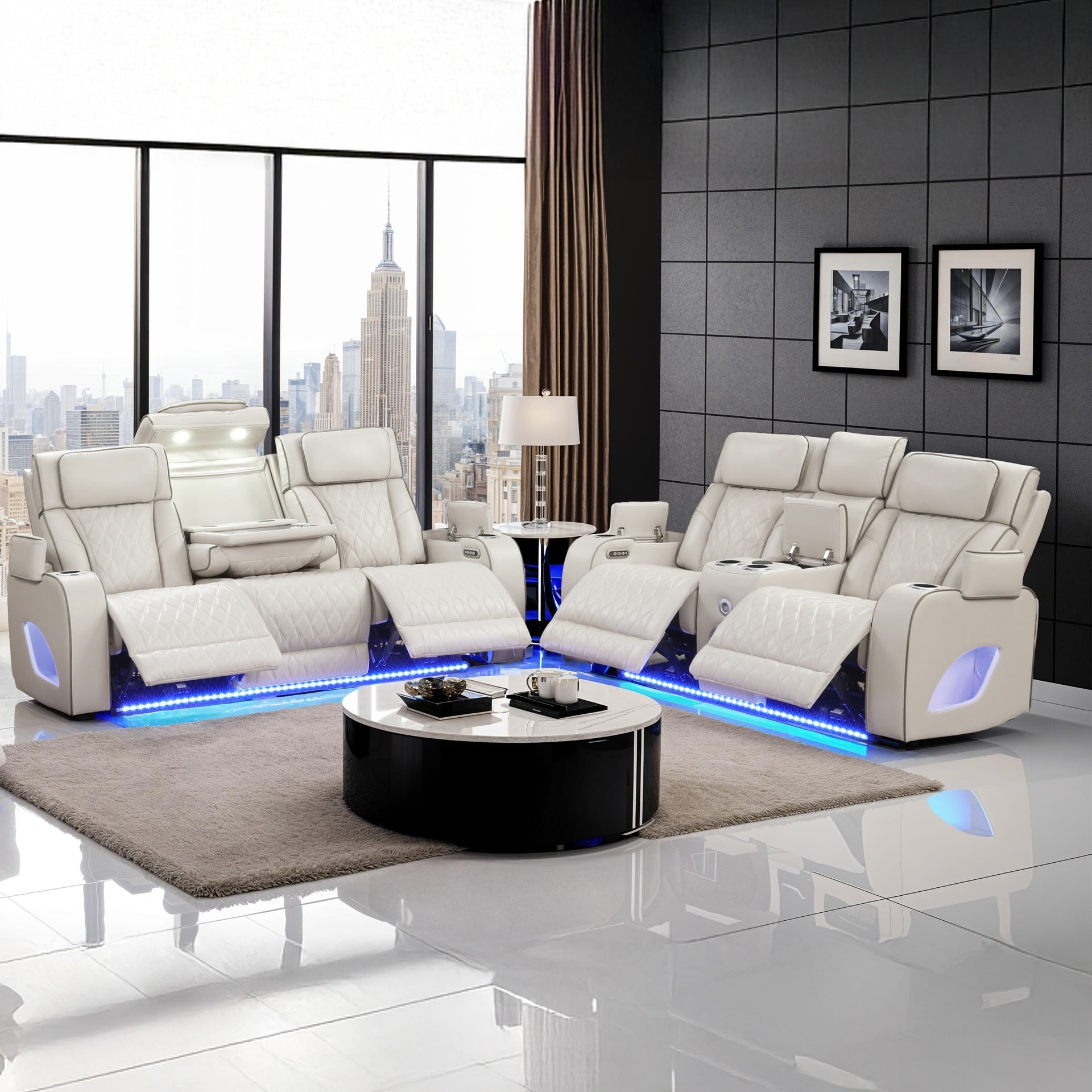 Fortuner Modern Style Upholstery Recliner 2PC Livingroom Set Made with Wood & Massage Function Included-Beige(NJ inventory)