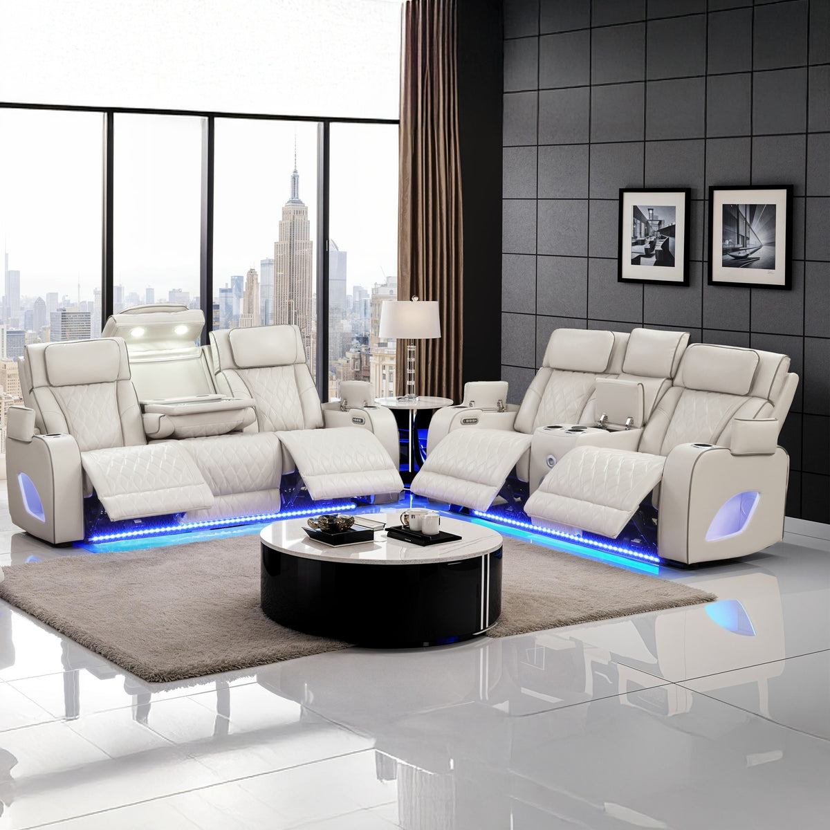 Fortuner Modern Style Upholstery Recliner 2PC Livingroom Set Made with Wood & Massage Function Included-Beige(NJ inventory)