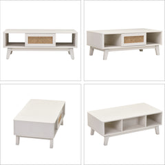 Coffee Table, Mid Century Living Room Tables with Storage, Modern Square with Rattan Drawer, Wooden Living Room Table with Solid Wood Leg