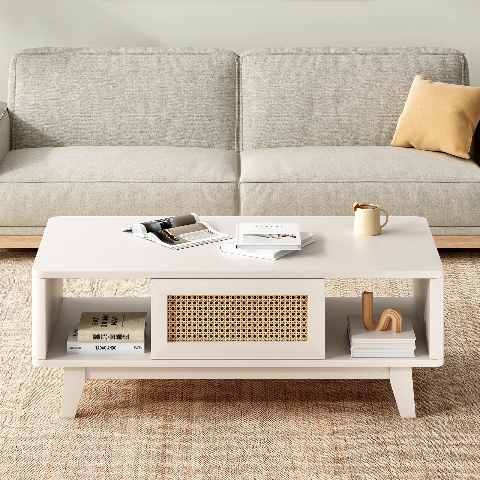 Coffee Table, Mid Century Living Room Tables with Storage, Modern Square with Rattan Drawer, Wooden Living Room Table with Solid Wood Leg