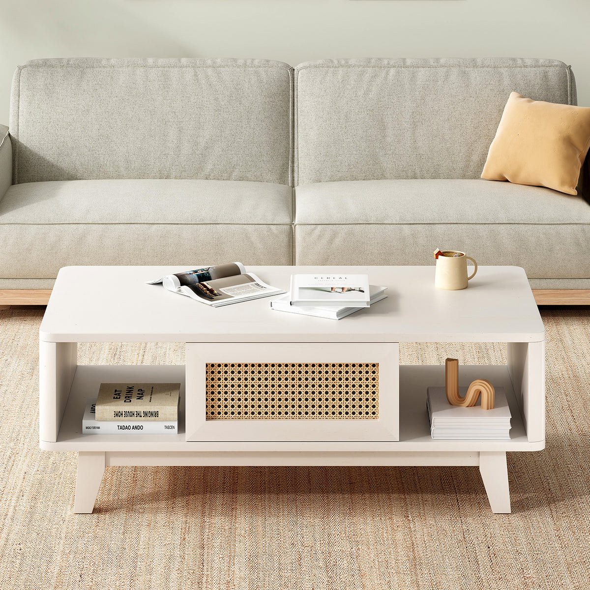 Coffee Table, Mid Century Living Room Tables with Storage, Modern Square with Rattan Drawer, Wooden Living Room Table with Solid Wood Leg