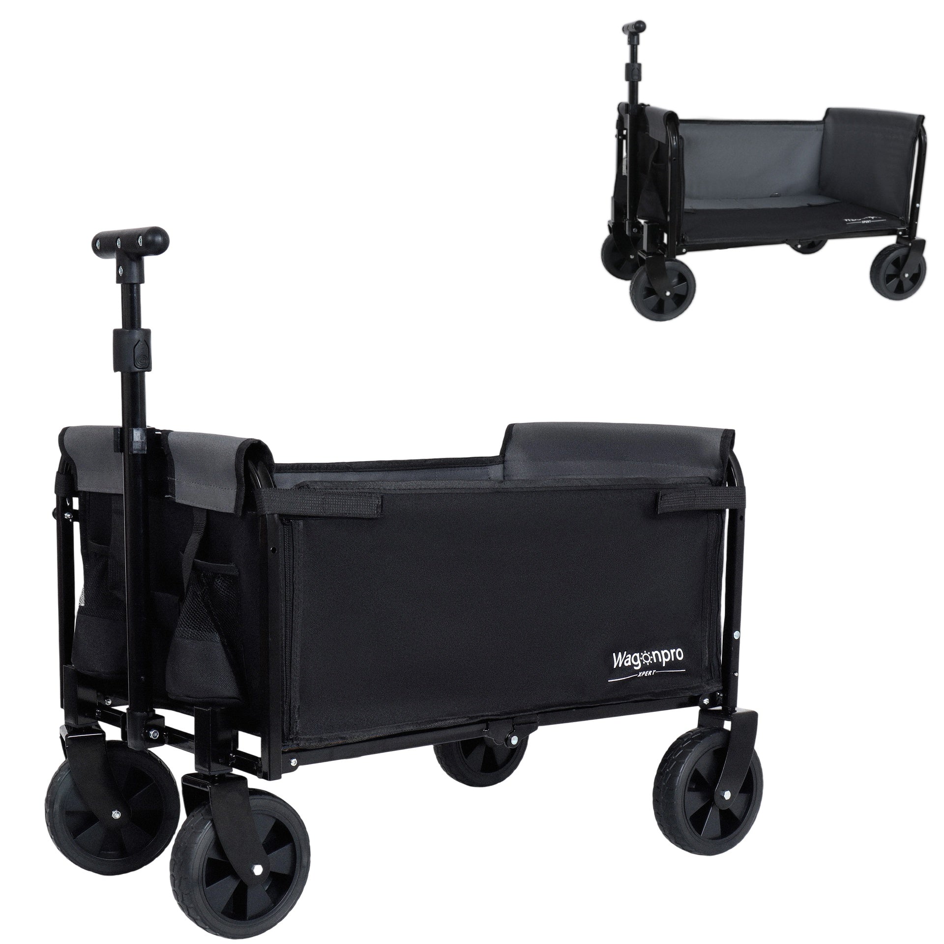 All-in-One Convertible Folding Camping Wagon Cart: Bench Seat, Storage Compartment & Included Dog Tether, Black/Gray