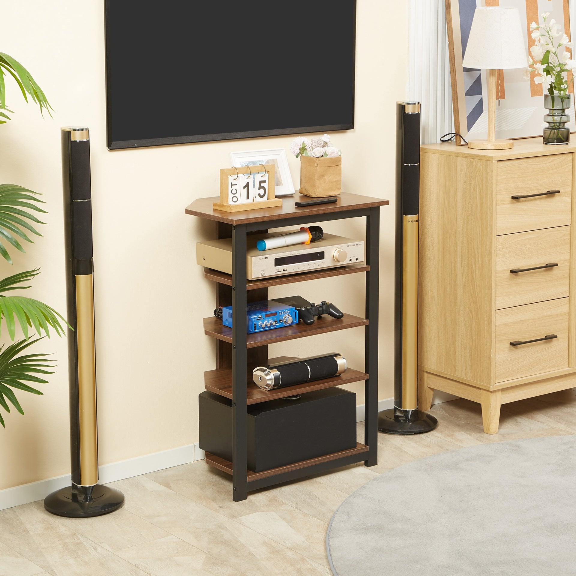 HOMCOM TV Stand, AV Media Stand, Corner Audio Tower with Storage Shelves and Steel Frame, Living Room Storage, Brown