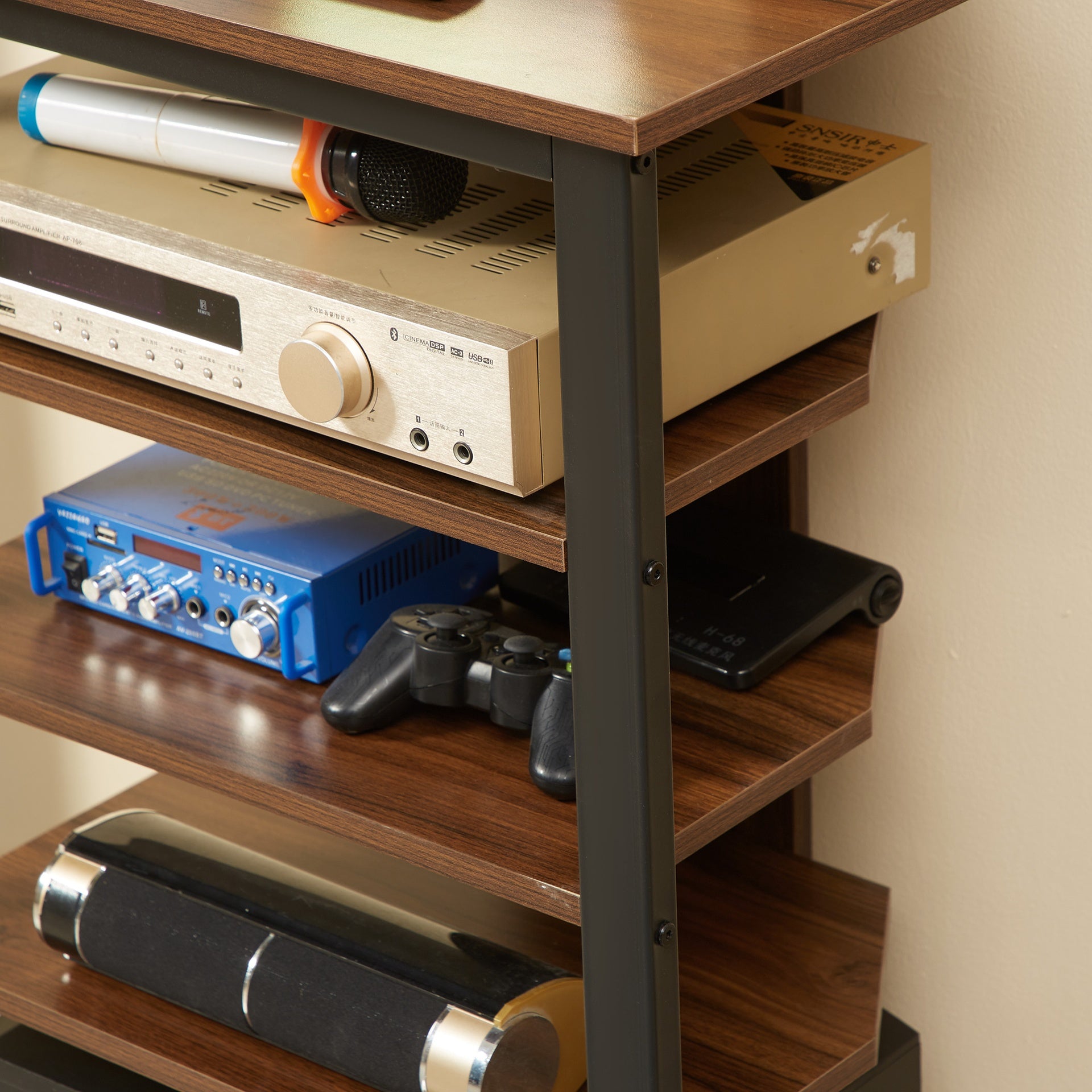 HOMCOM TV Stand, AV Media Stand, Corner Audio Tower with Storage Shelves and Steel Frame, Living Room Storage, Brown