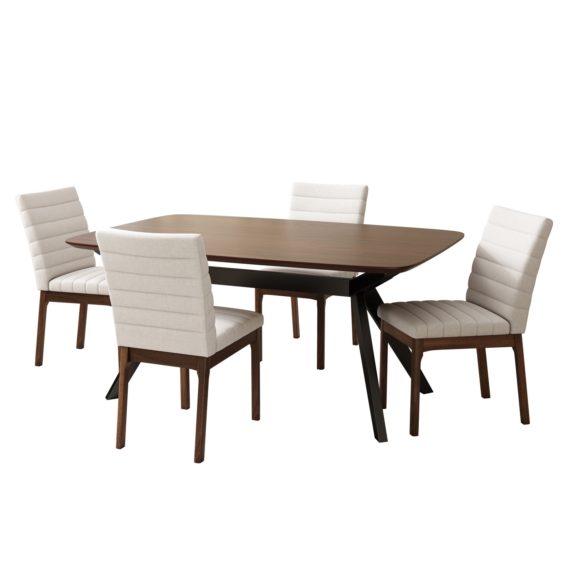 5-Pieces Upholstered Dining Set With Rubberwood Frame, Light beige+Walnut+Black