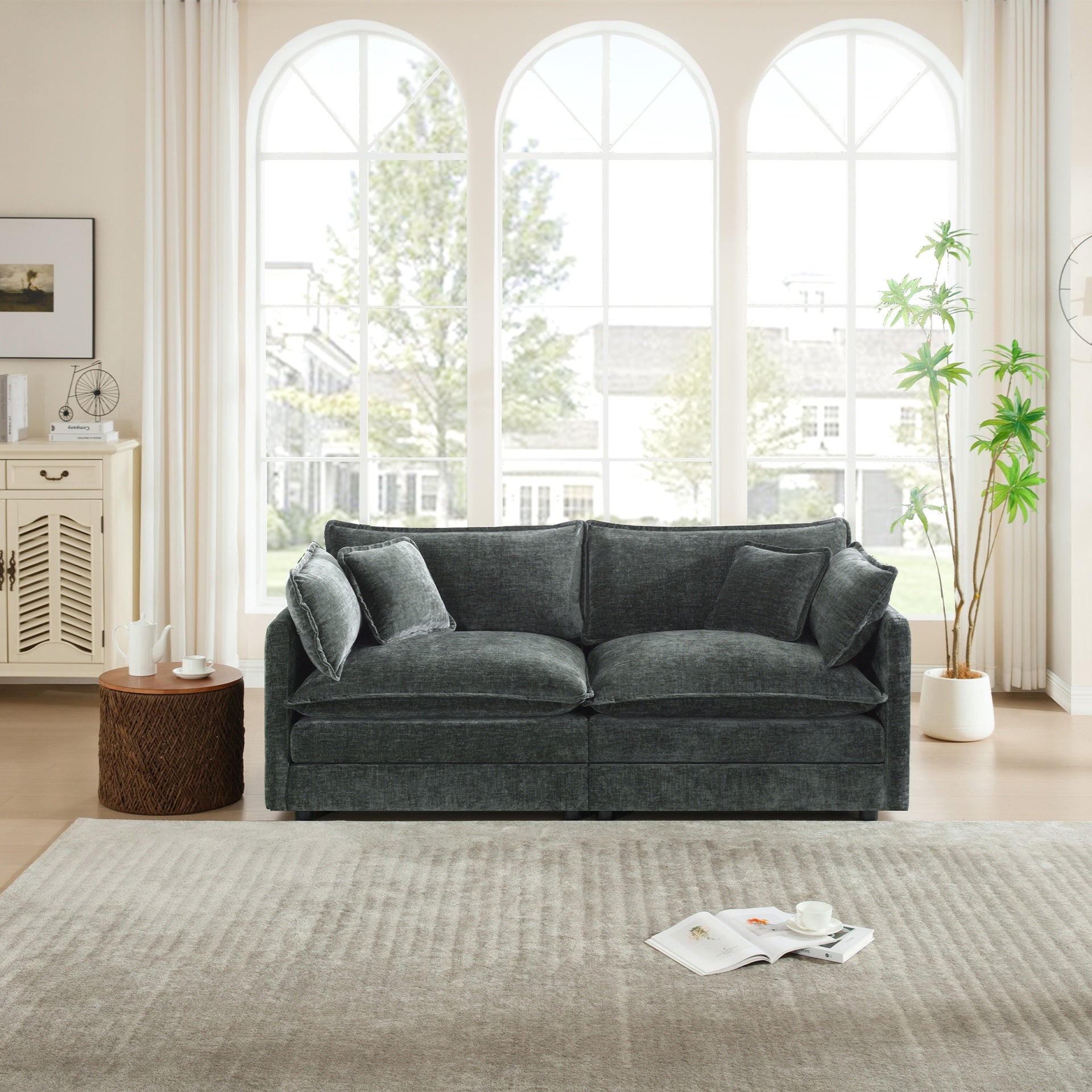Modern Fabric Loveseat Sofa Couch for Living Room, Upholstered Large Size Deep Seat 2-Seat Sofa with 4 Pillows ,Gray Chenille