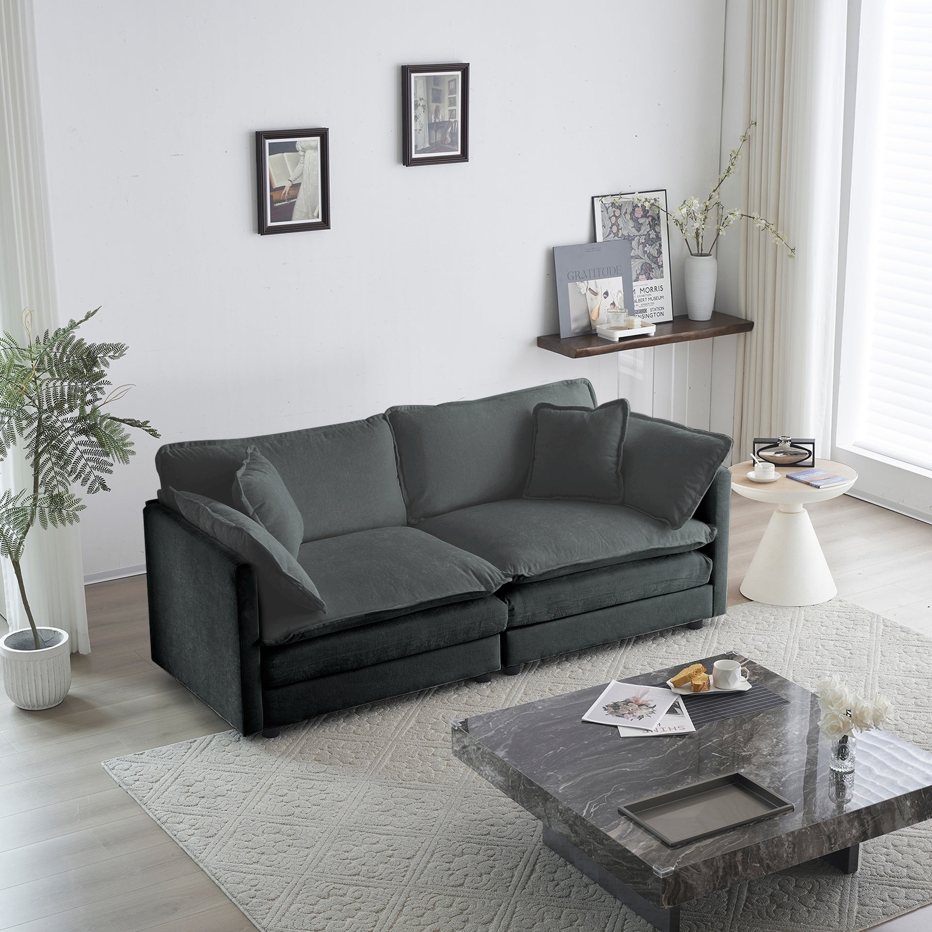 Modern Fabric Loveseat Sofa Couch for Living Room, Upholstered Large Size Deep Seat 2-Seat Sofa with 4 Pillows ,Gray Chenille