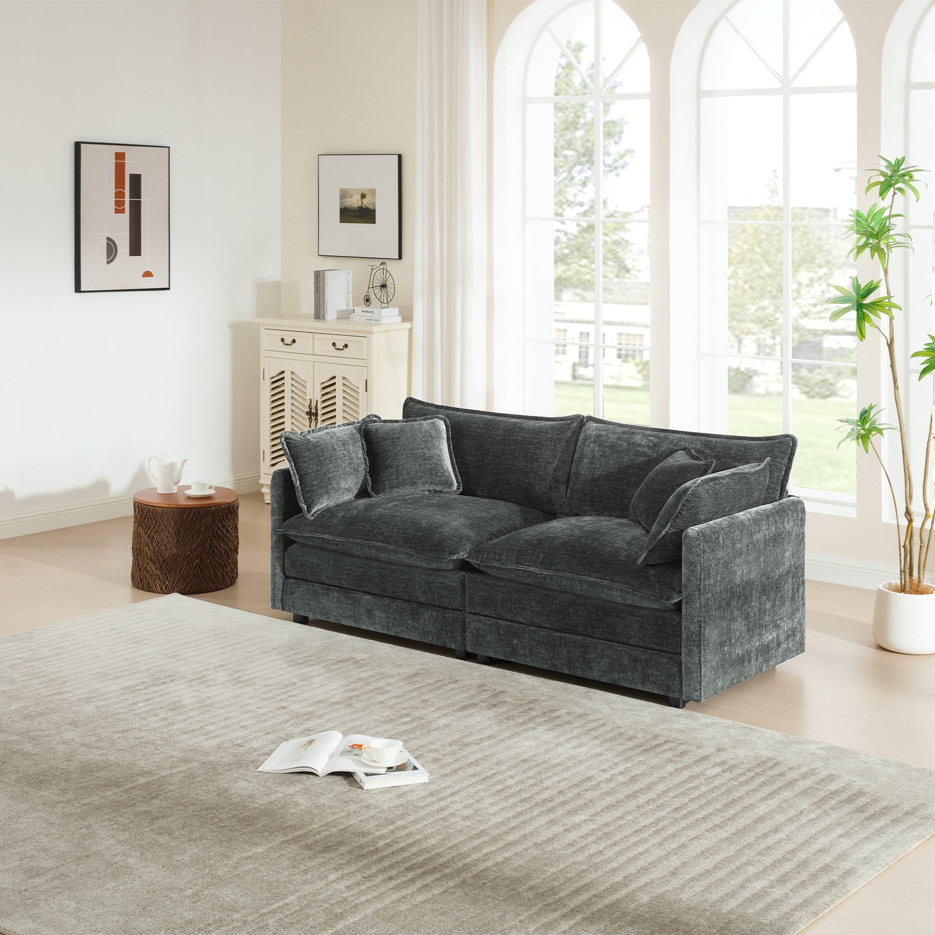 Modern Fabric Loveseat Sofa Couch for Living Room, Upholstered Large Size Deep Seat 2-Seat Sofa with 4 Pillows ,Gray Chenille