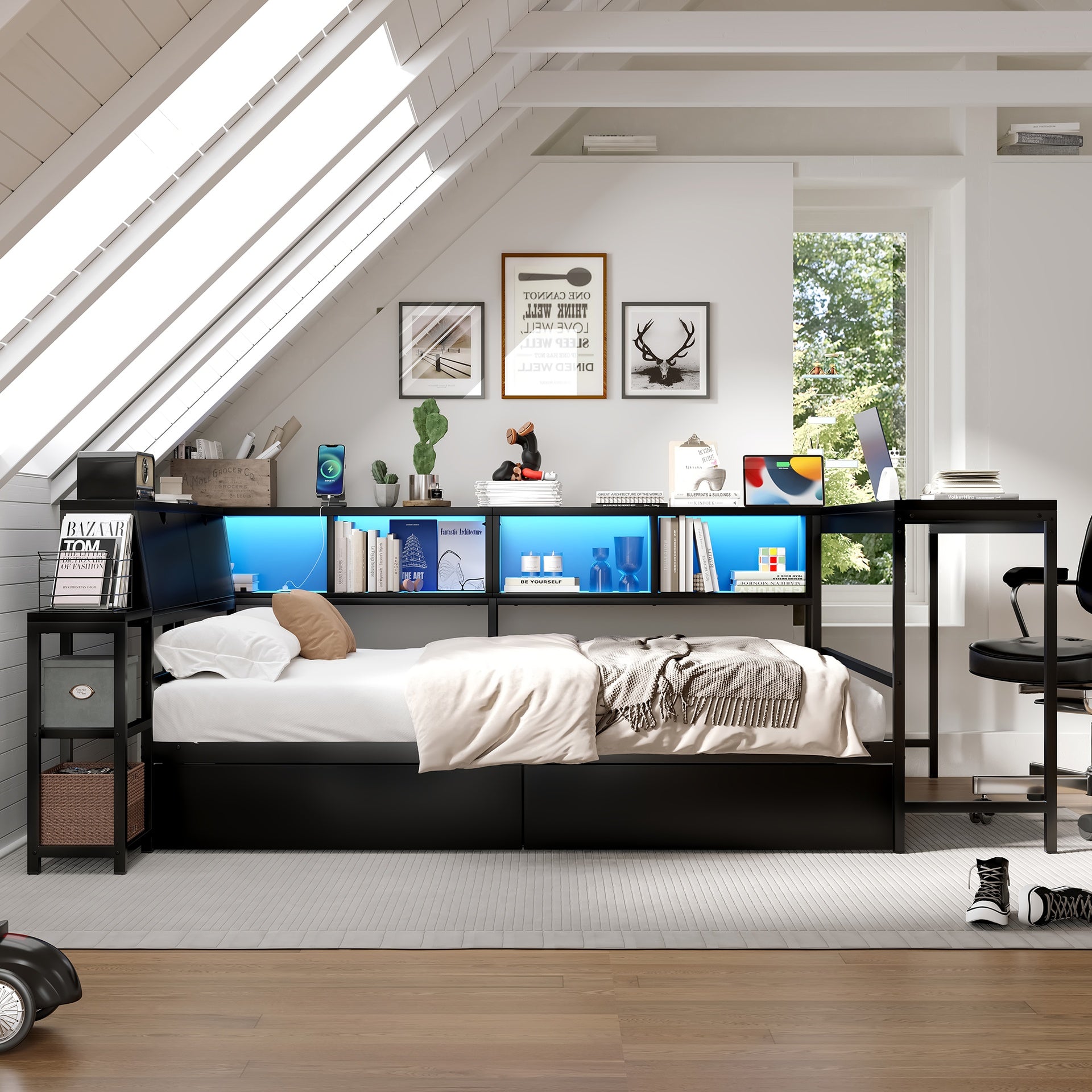 Corner Bed Frame Full Size with Bookcase and 2 Underbed Storage Drawers, Modern Bed with LED Light and Charging Station, Left and right interchangeable, Black