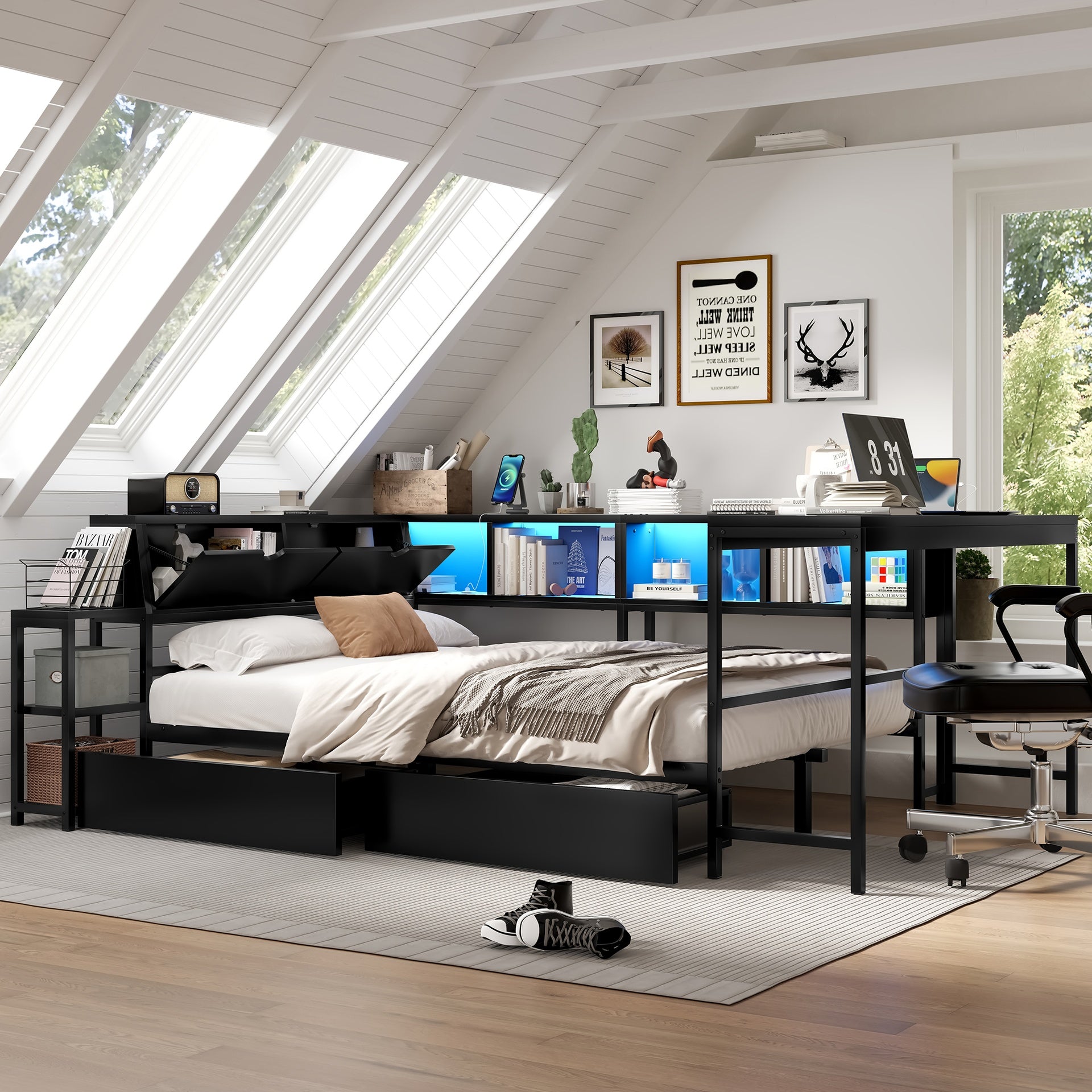 Corner Bed Frame Full Size with Bookcase and 2 Underbed Storage Drawers, Modern Bed with LED Light and Charging Station, Left and right interchangeable, Black