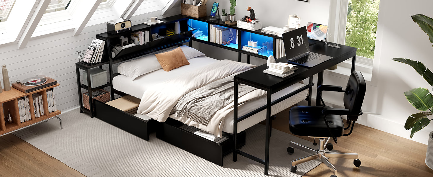 Corner Bed Frame Full Size with Bookcase and 2 Underbed Storage Drawers, Modern Bed with LED Light and Charging Station, Left and right interchangeable, Black