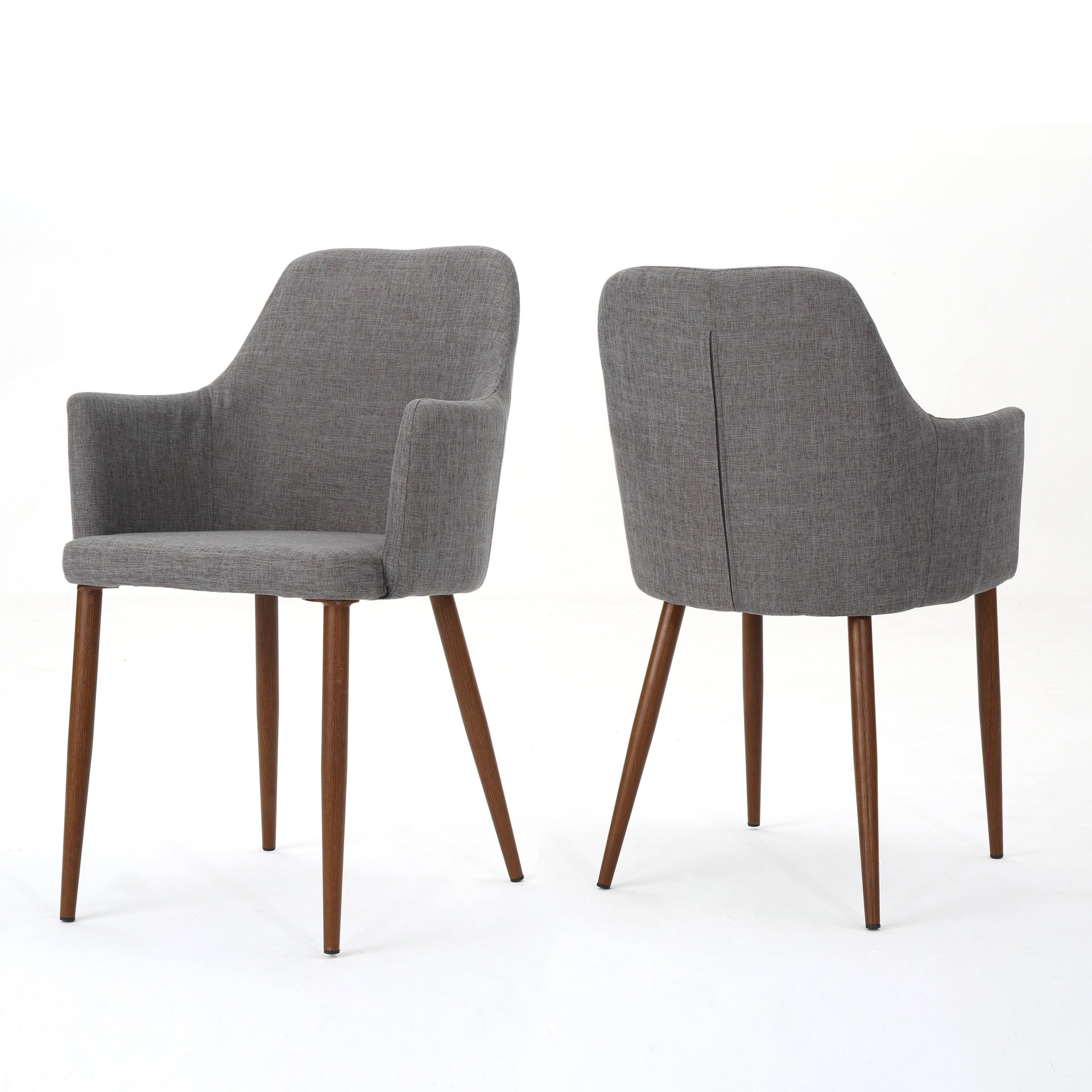 Mid Century Modern Fabric Upholstered Dining Chairs Armchairs, Set of 2, Light Grey and Dark Walnut