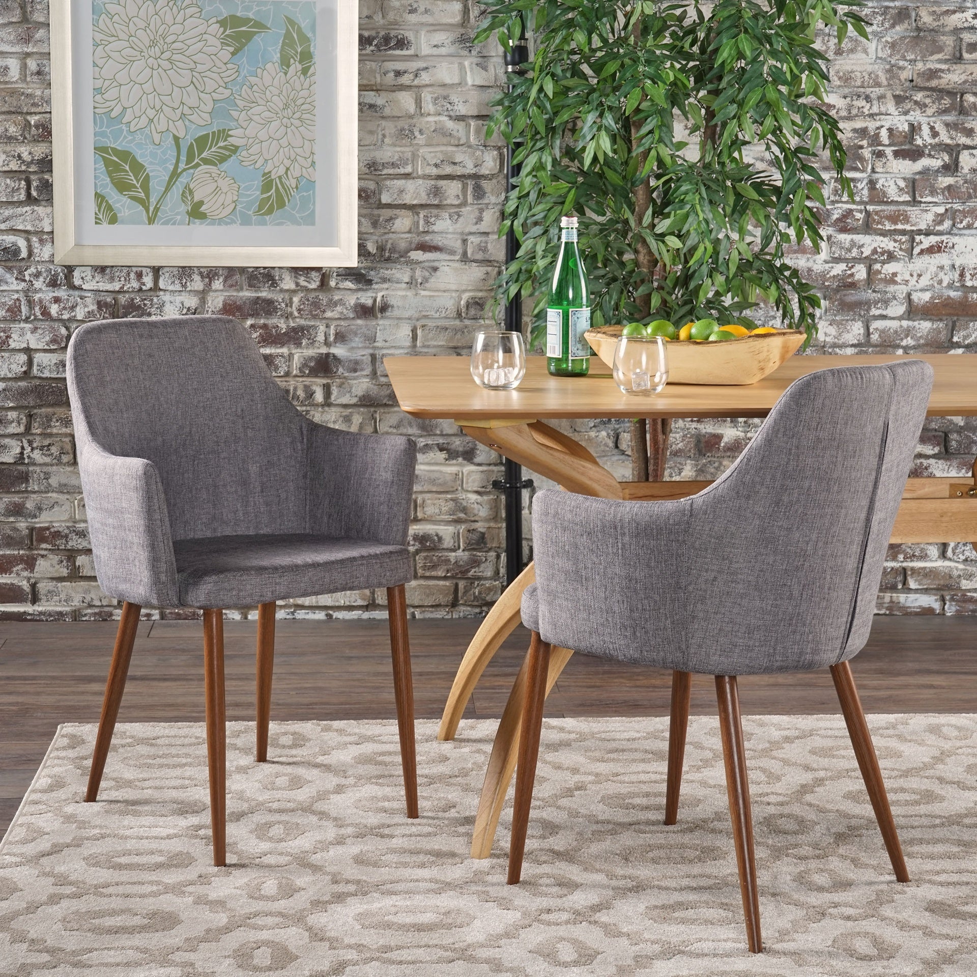 Mid Century Modern Fabric Upholstered Dining Chairs Armchairs, Set of 2, Light Grey and Dark Walnut