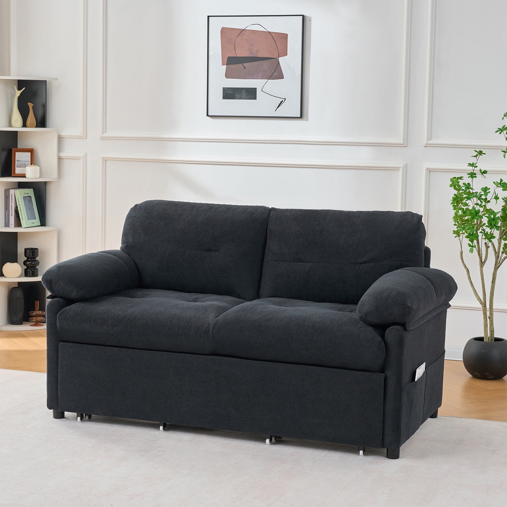 Convertible Pull Out Sofa Bed Queen Size, 3-in-1 Convertible Sleeper Couch with Thicked Cushions and Side Storage,Multi-Functional chenille Loveseat Sofa for Living Room,Bedroom,Apartment,Office,Black