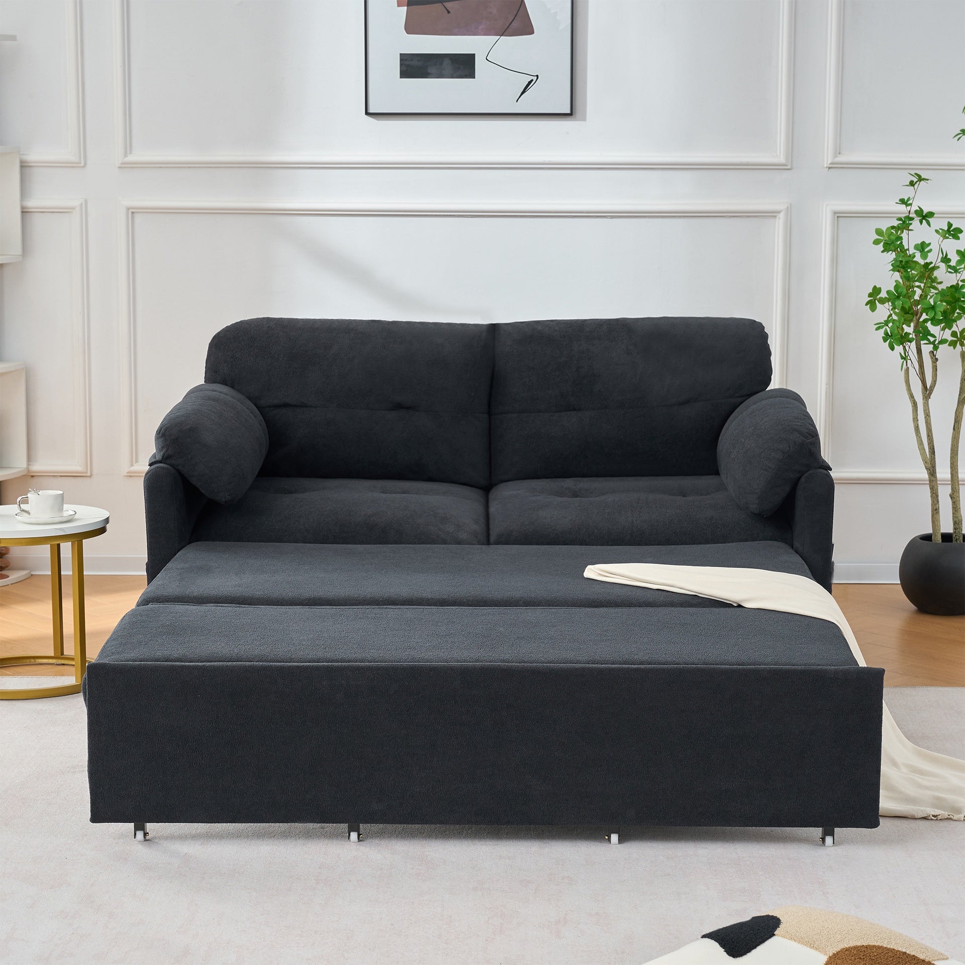 Convertible Pull Out Sofa Bed Queen Size, 3-in-1 Convertible Sleeper Couch with Thicked Cushions and Side Storage,Multi-Functional chenille Loveseat Sofa for Living Room,Bedroom,Apartment,Office,Black