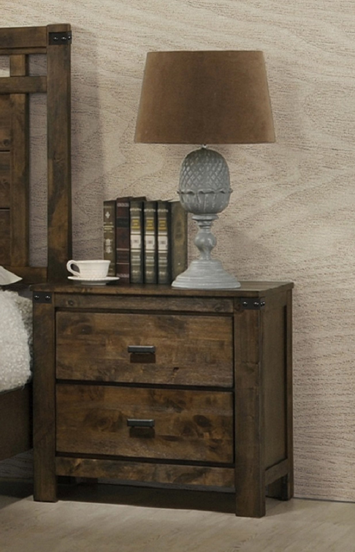 1pc Rustic Brown Two Drawer Nightstand Bedroom Solid Wood Wooden Furniture Nightstand End Table