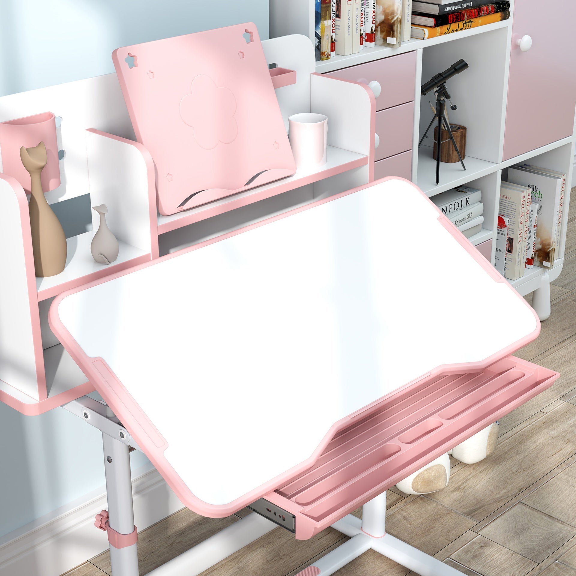 Qaba Kids Desk and Chair Set, Height Adjustable Kids School Study Desk and Chair Set with Tilt Desktop, Storage Drawer and Reading Rack for Writing, Reading and Drawing, Pink