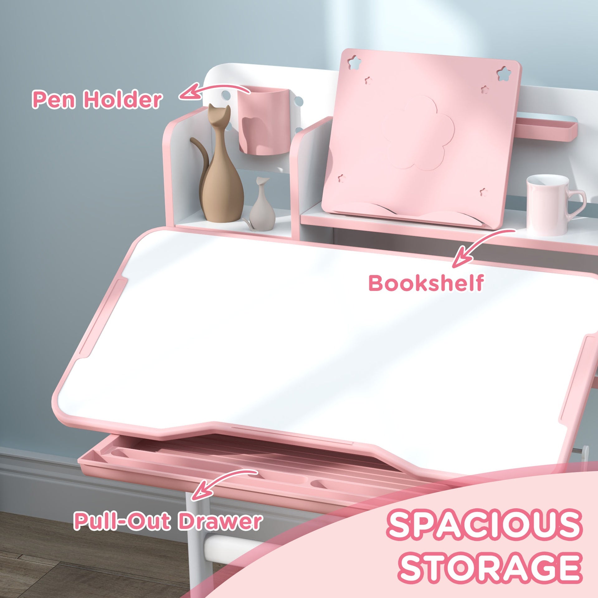Qaba Kids Desk and Chair Set, Height Adjustable Kids School Study Desk and Chair Set with Tilt Desktop, Storage Drawer and Reading Rack for Writing, Reading and Drawing, Pink