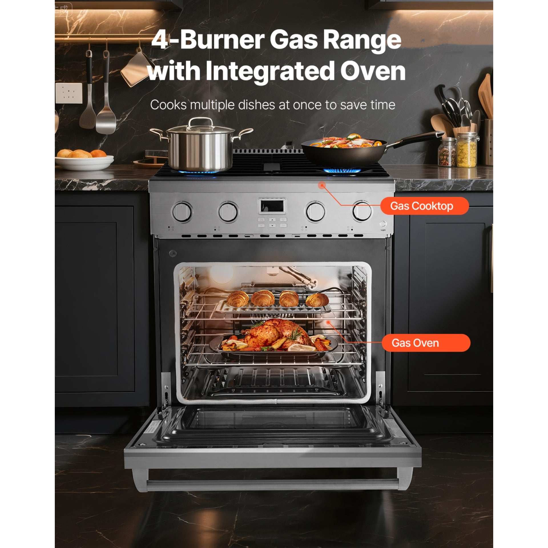 30 in Gas Range Oven 4 Sealed Burners Convection Oven in Stainless Steel
