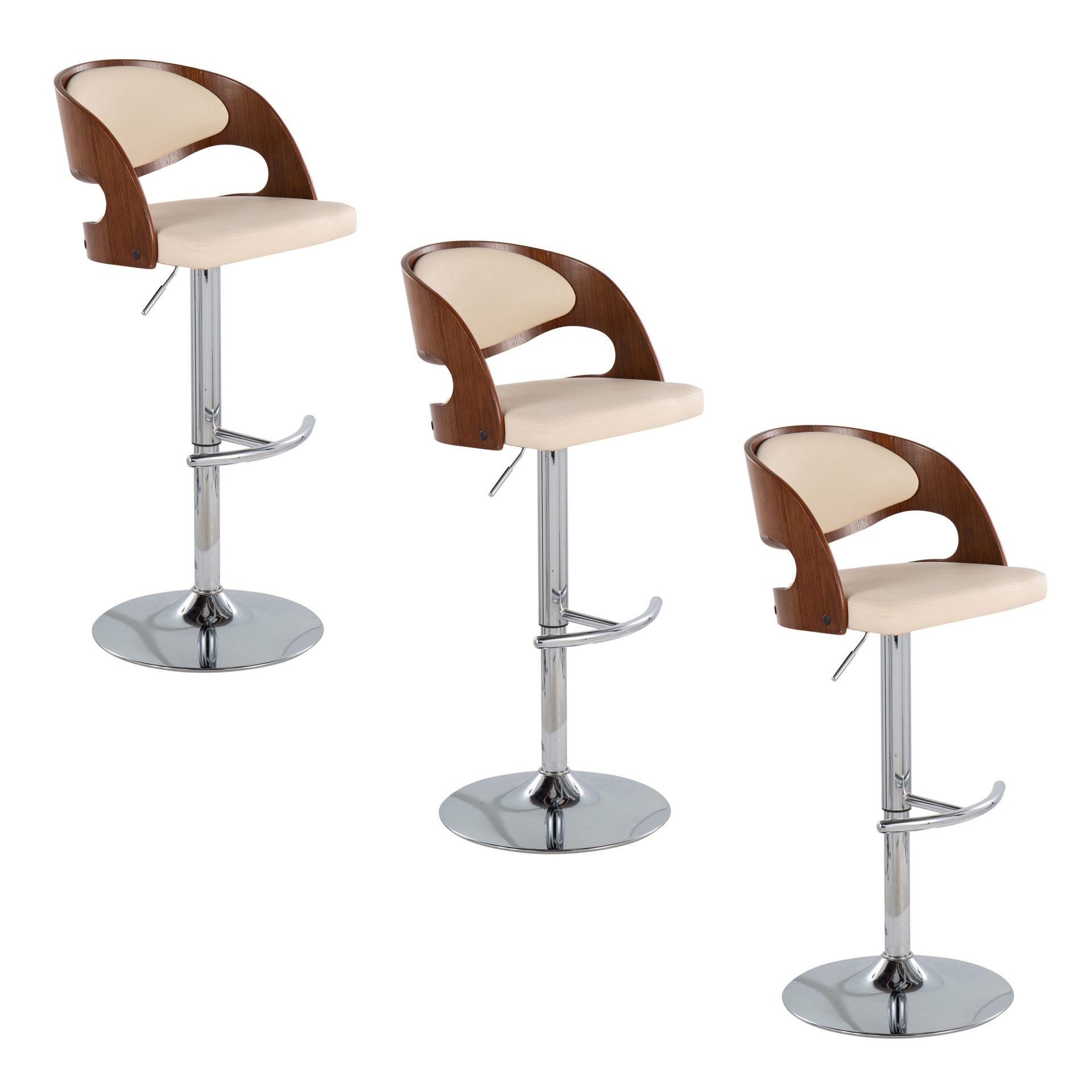 Pino Mid-Century Modern Adjustable Barstool with Swivel in Chrome Metal, Walnut Wood and Cream Faux Leather with Rounded T Footrest by LumiSource - Set of 3