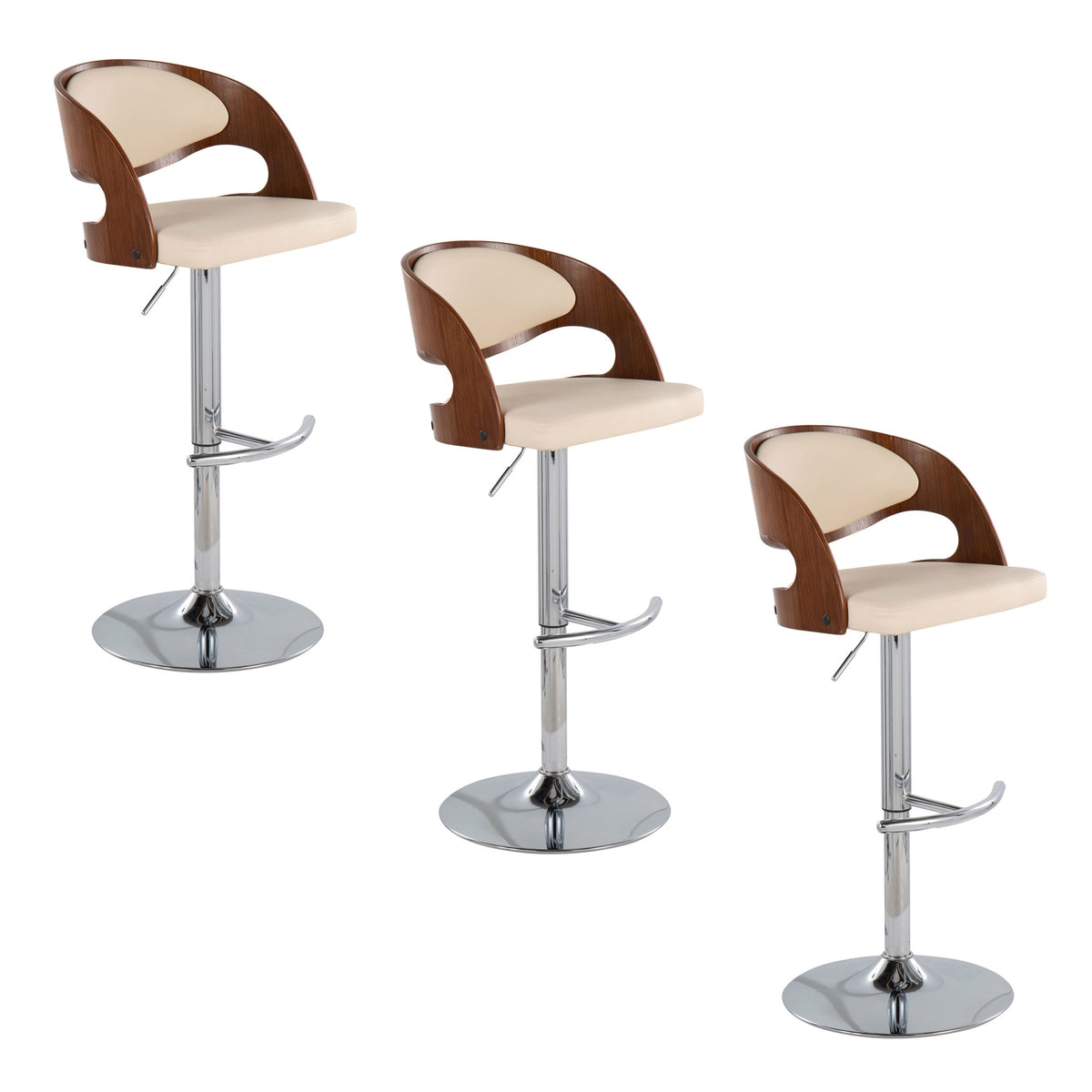 Pino Mid-Century Modern Adjustable Barstool with Swivel in Chrome Metal, Walnut Wood and Cream Faux Leather with Rounded T Footrest by LumiSource - Set of 3