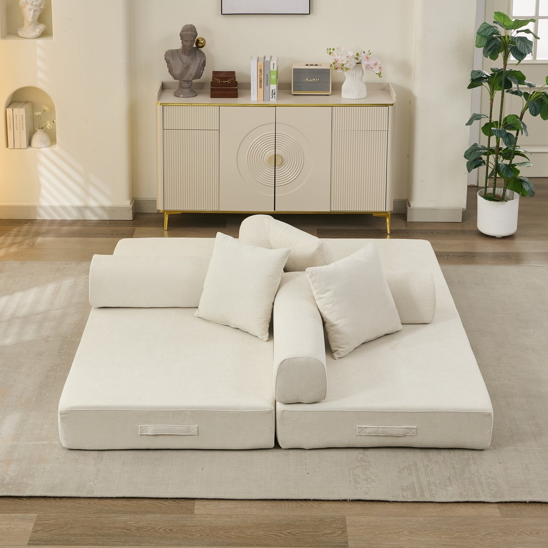 Comfy Convertible Folding Mattress Couch, Floor Sofa Bed, Chenille Floor Sofa with Armrest, Floor Sofa Lounge Couch for Living Room Bedroom Lounge Studio-Beige