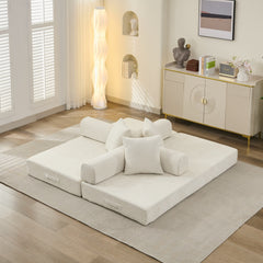 Comfy Convertible Folding Mattress Couch, Floor Sofa Bed, Chenille Floor Sofa with Armrest, Floor Sofa Lounge Couch for Living Room Bedroom Lounge Studio-Beige