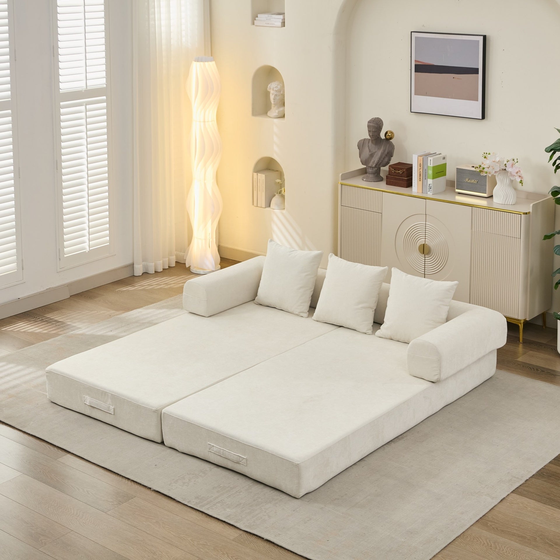 Comfy Convertible Folding Mattress Couch, Floor Sofa Bed, Chenille Floor Sofa with Armrest, Floor Sofa Lounge Couch for Living Room Bedroom Lounge Studio-Beige
