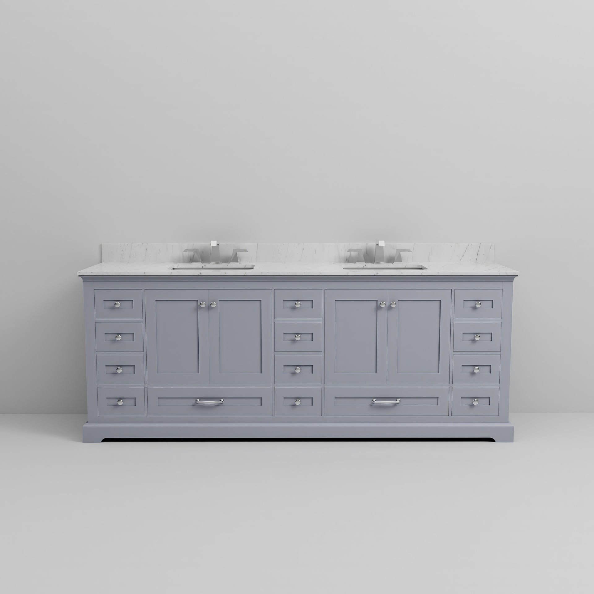 Dark Grey Double Bath Vanity 84 in. W x 22 in. D, Carrara Marble Top, and Faucet Set