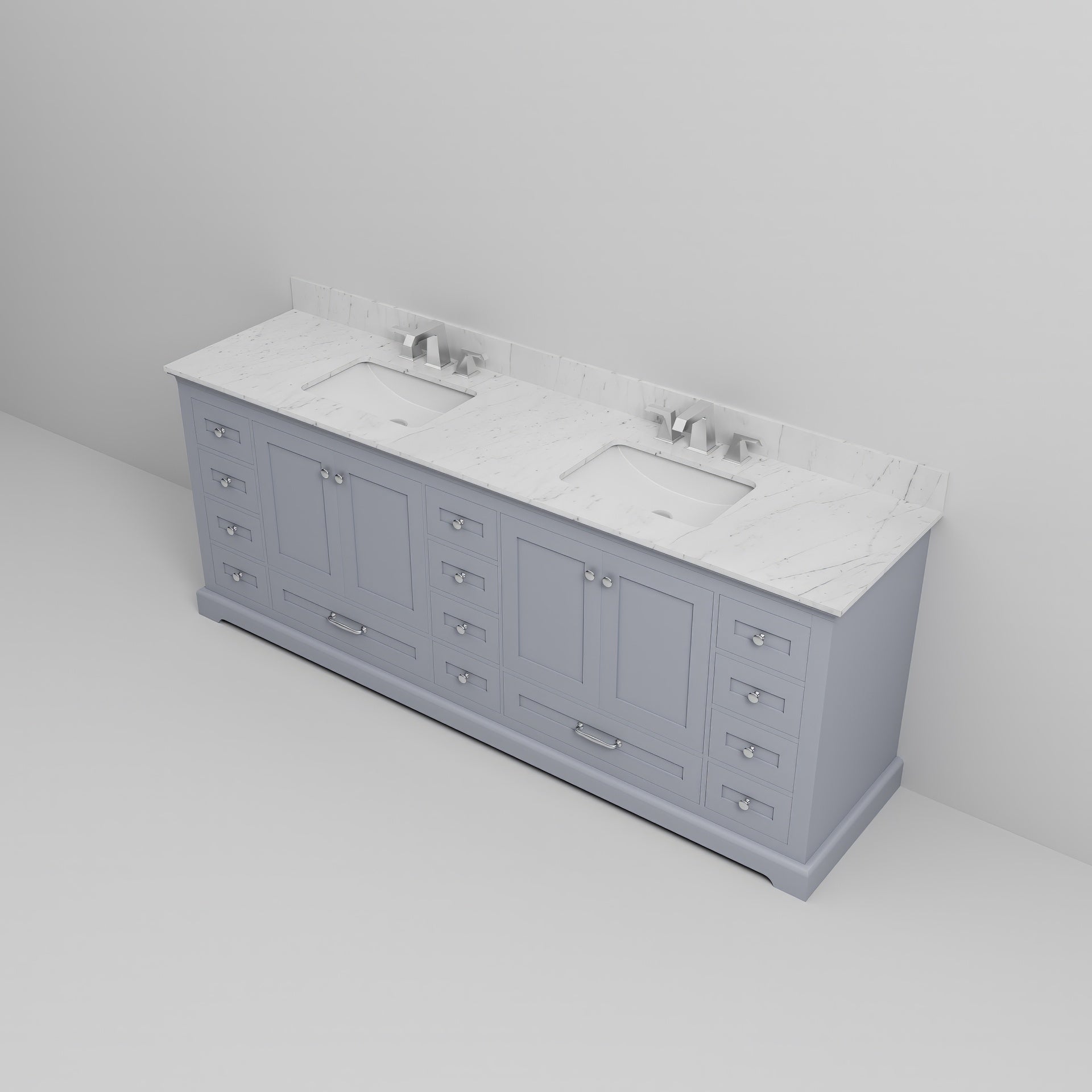 Dark Grey Double Bath Vanity 84 in. W x 22 in. D, Carrara Marble Top, and Faucet Set