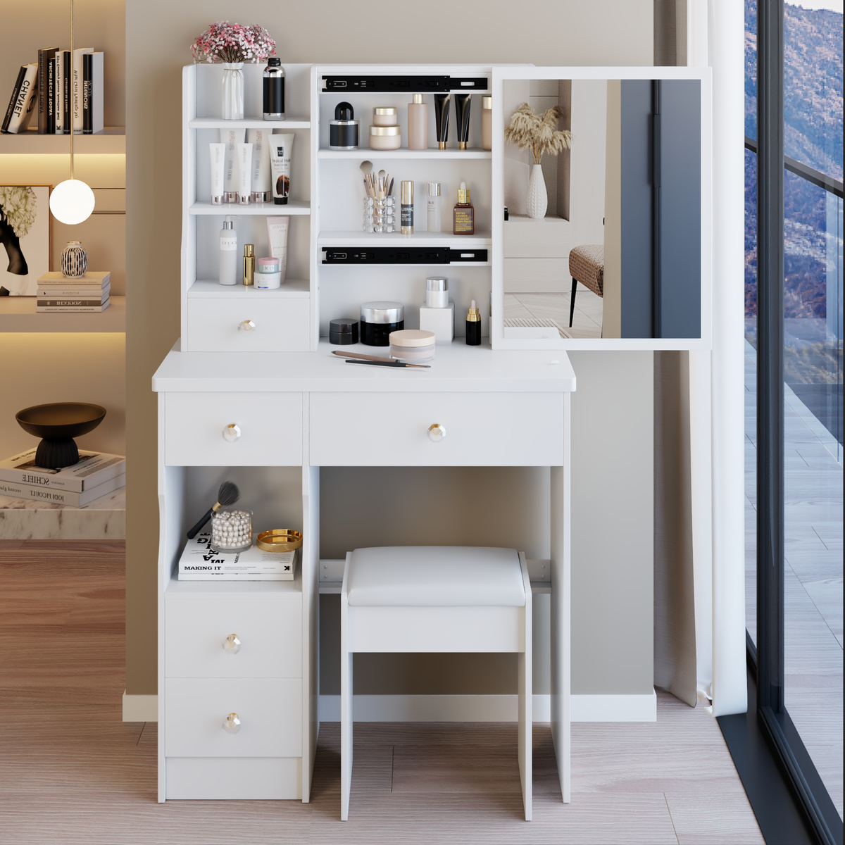 29.2 inch  Small Space Left Drawer Desktop Vanity Table + Cushioned Stool, Extra Large Right sliding mirror, Multi Layer High Capacity Storage, Practical Fashionable Dresser, Suitable For Small Space