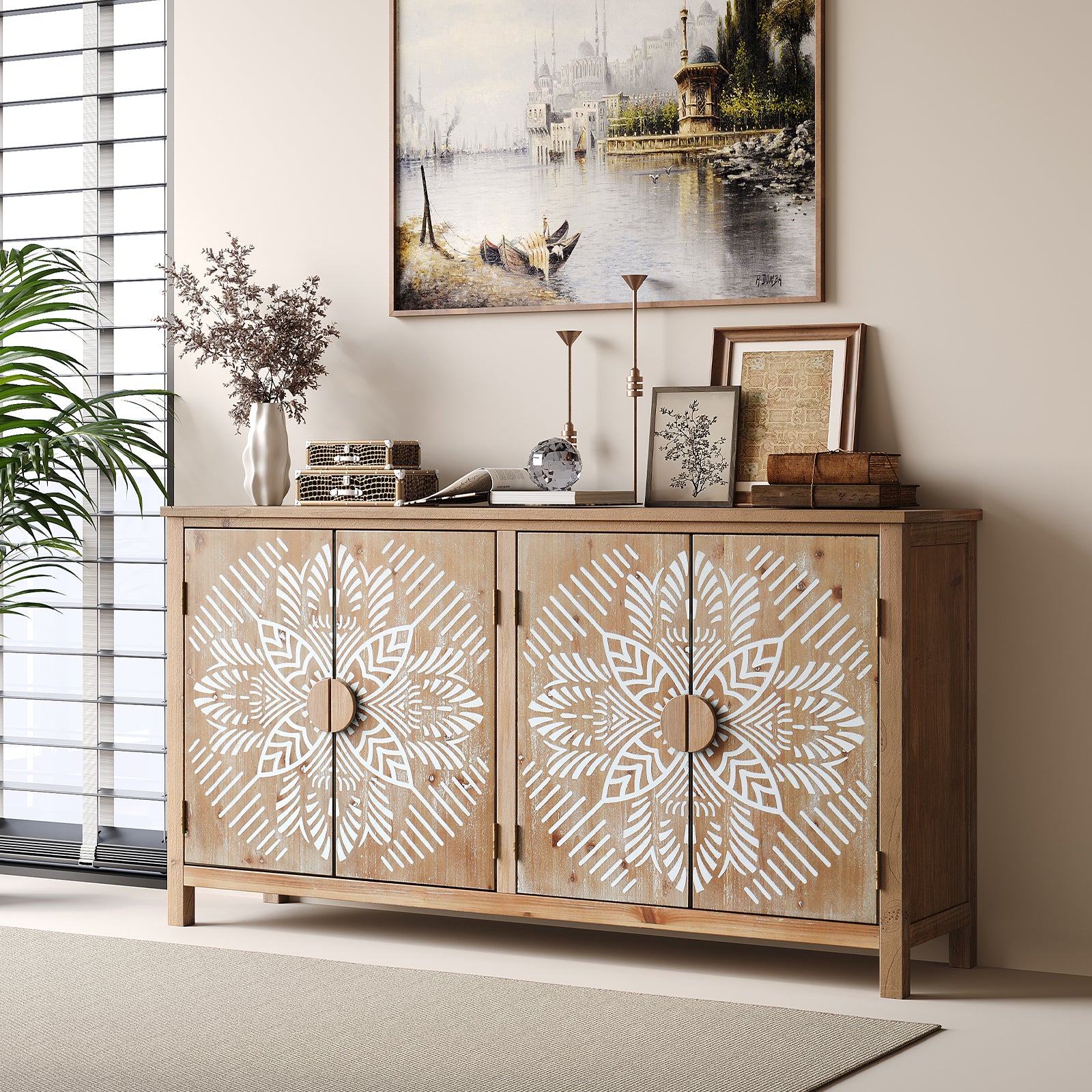 60"Wood Accent Cabinet with 4 Doors, Brown and antique white Modern Pantry Cabinet, Wood Buffet Cabinet, Media Cabinet, Console Cabinet, Cabinet for Entryway, Living Room, Bedroom, Dining Room