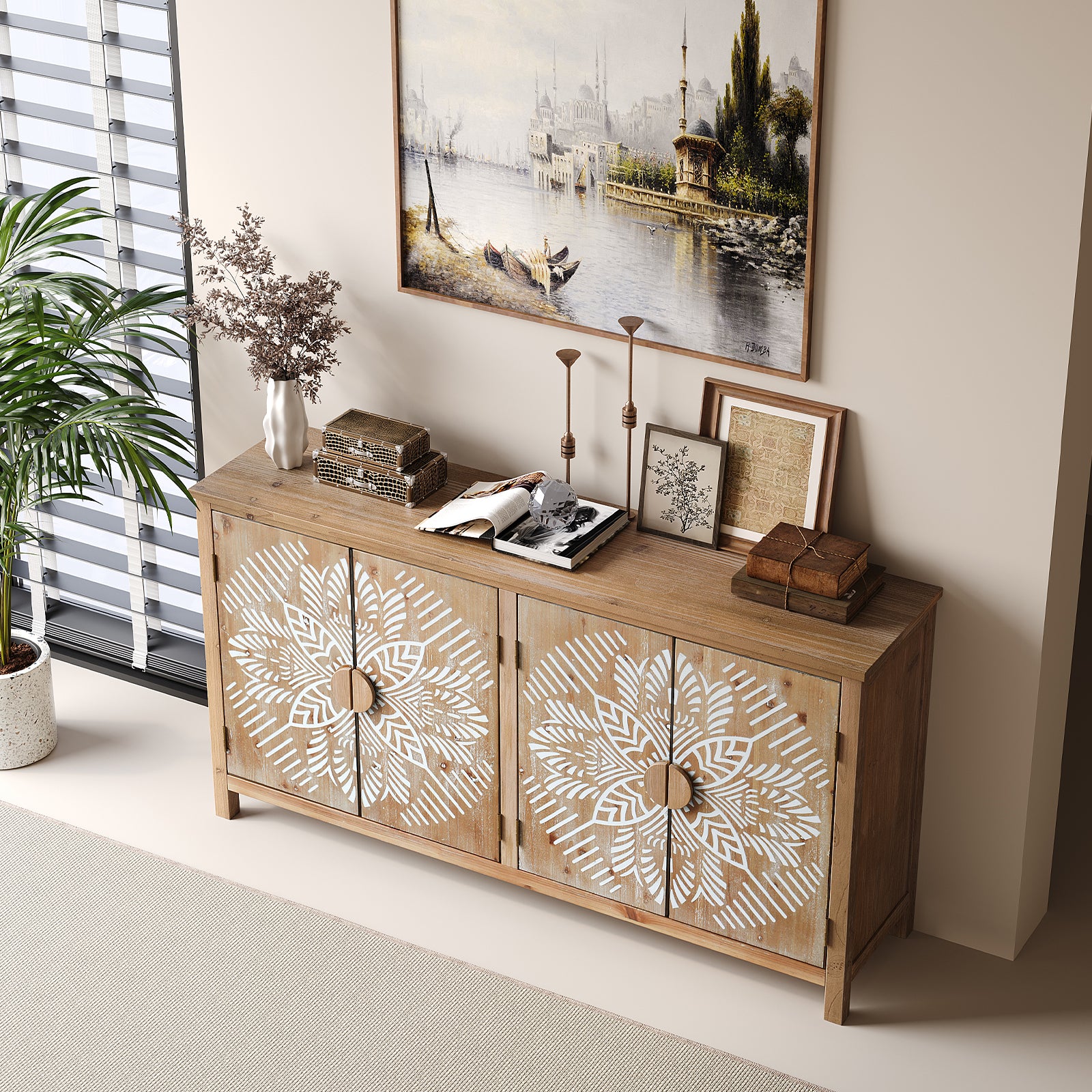 60"Wood Accent Cabinet with 4 Doors, Brown and antique white Modern Pantry Cabinet, Wood Buffet Cabinet, Media Cabinet, Console Cabinet, Cabinet for Entryway, Living Room, Bedroom, Dining Room