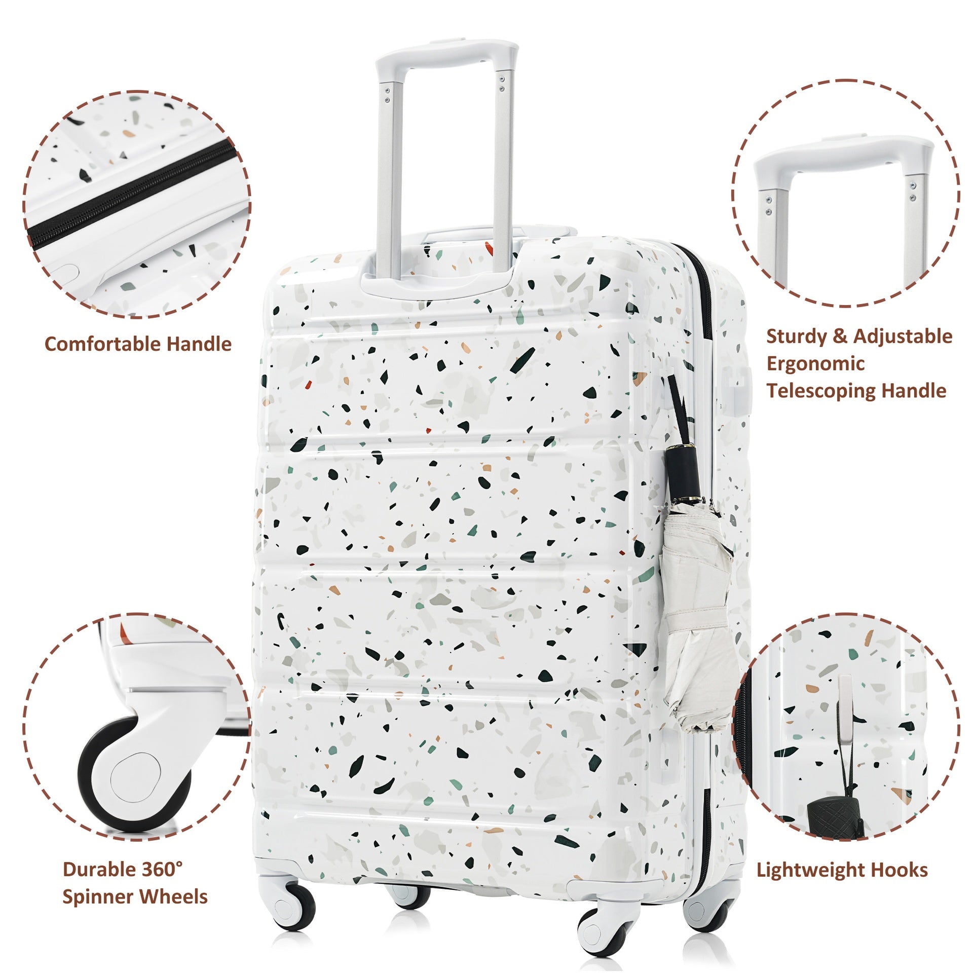 Luggage Set of 3, 20-inch with USB Port, Airline Certified Carry-on Luggage  , ABS+PC Hard Shell Luggage with Spinner Wheels,starry sky white