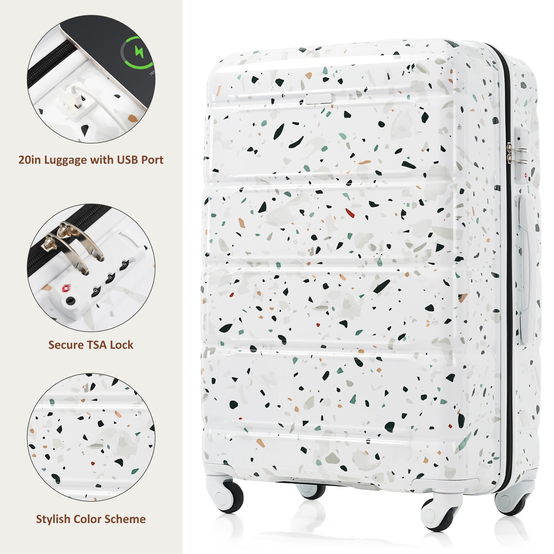 Luggage Set of 3, 20-inch with USB Port, Airline Certified Carry-on Luggage  , ABS+PC Hard Shell Luggage with Spinner Wheels,starry sky white