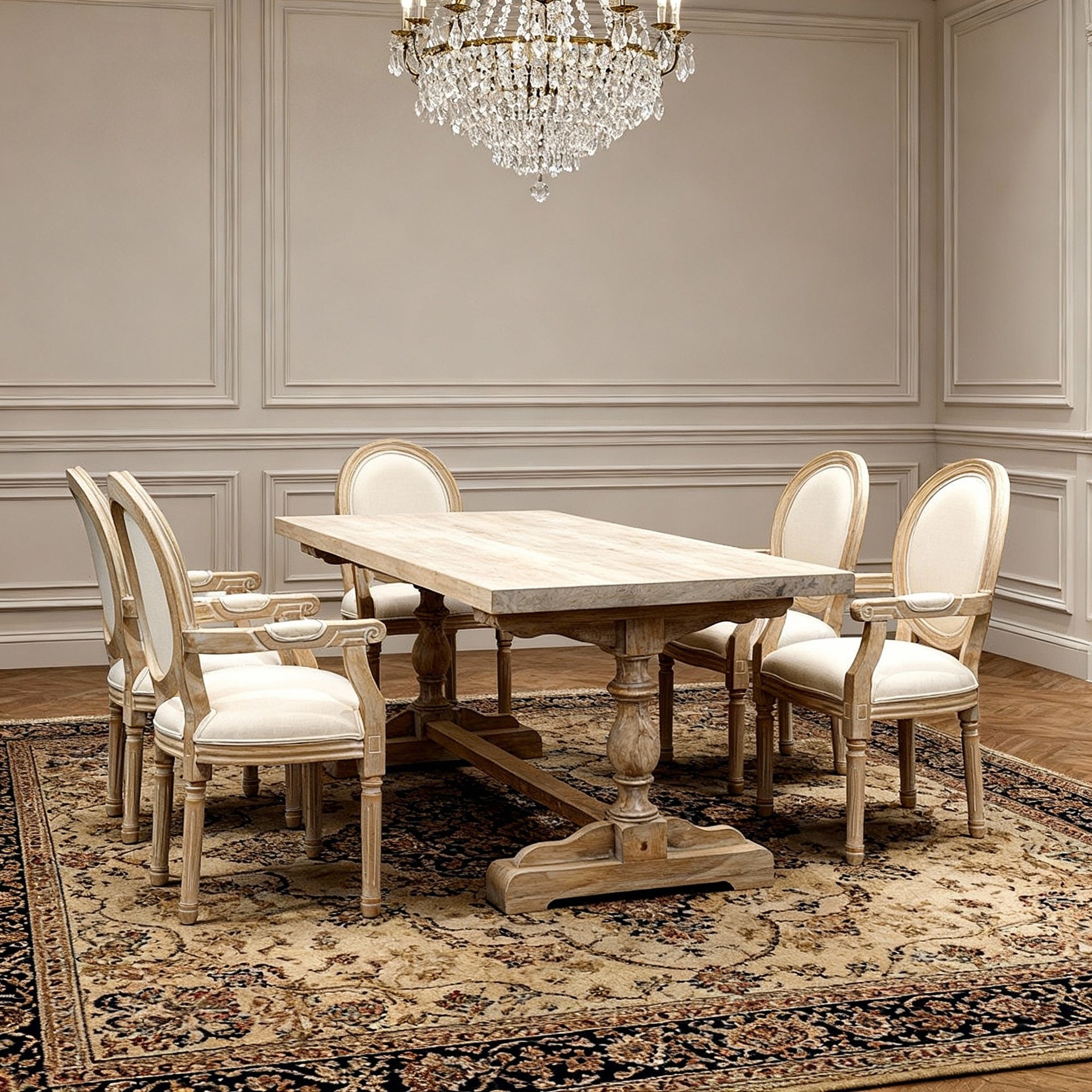 French Vintage Upholstered Fabric Dining Armchair, Set of 2, Beige
