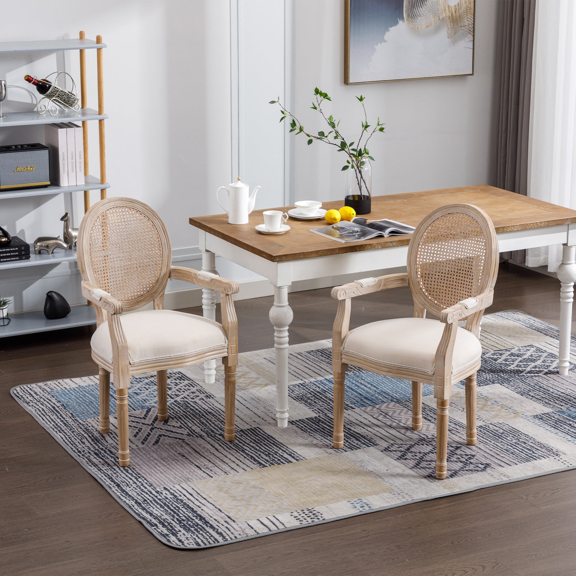 French Vintage Upholstered Fabric Dining Armchair, Set of 2, Beige