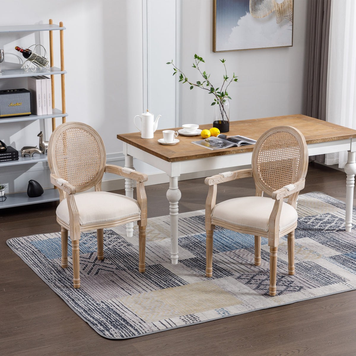 French Vintage Upholstered Fabric Dining Armchair, Set of 2, Beige