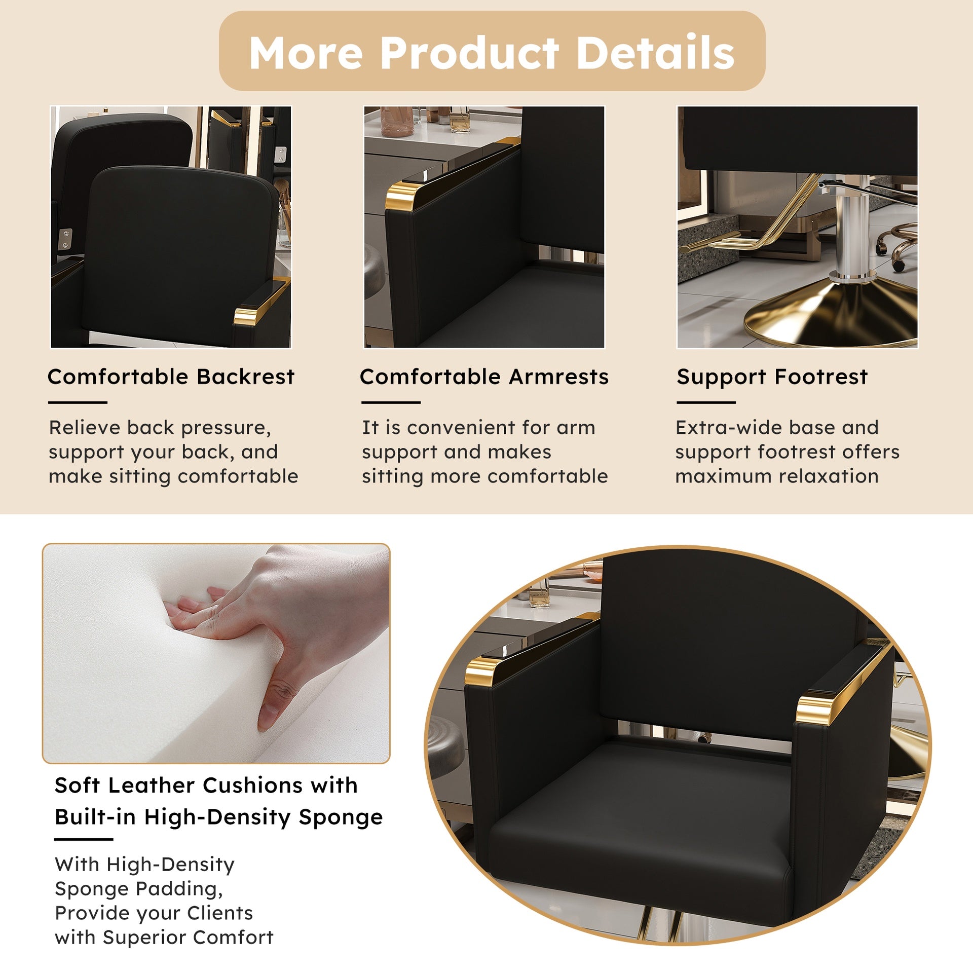 Hydraulic Salon Chair 360° Swivel - Professional Barber Stylist Chair with Pump, Non-Tilting Hairdressing Chair for Salon Tattoo Spa, Black Gold Stylist Equipment (Single Pack)