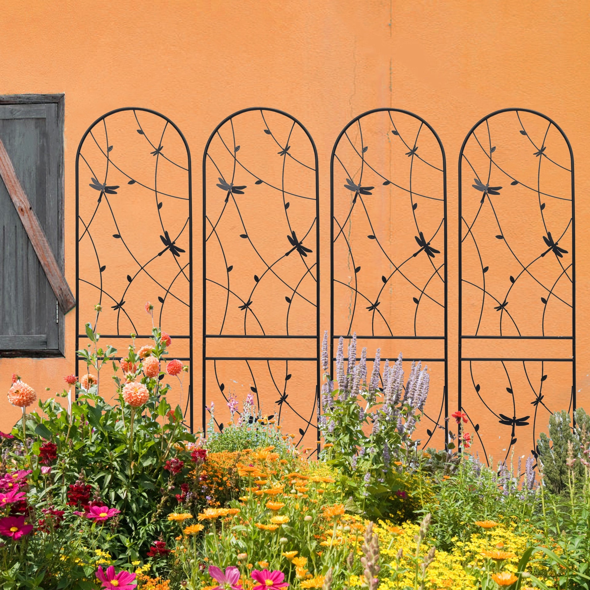 4 Pack Metal Garden Trellis 86.7" x 19.7" Rustproof Trellis for Climbing Plants Outdoor Flower Support Dragonfly Deco Black