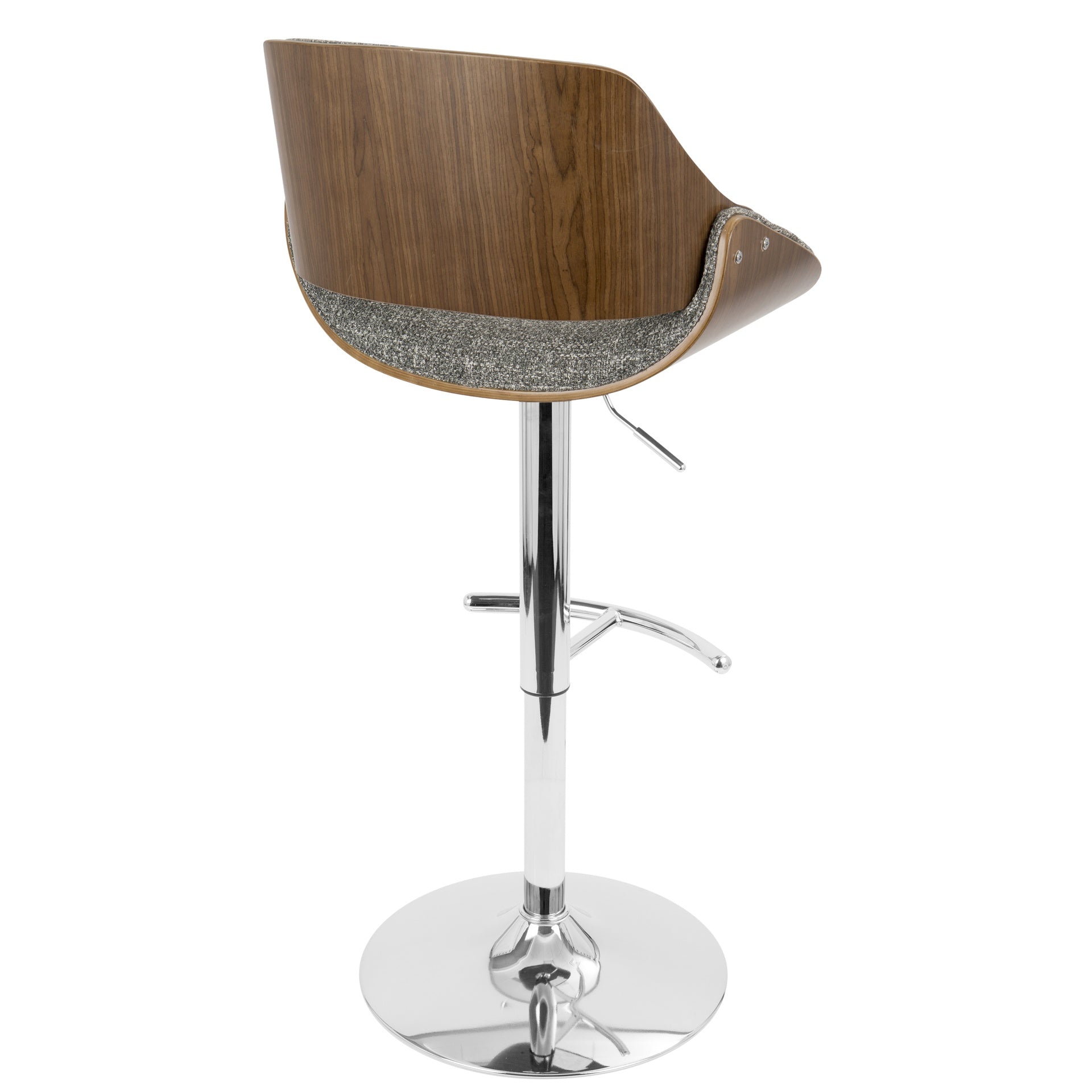 Fabrizzi Mid-Century Modern Adjustable Barstool with Swivel in Chrome Metal, Walnut Wood and Grey Noise Fabric with Rounded T Footrest by LumiSource - Set of 3