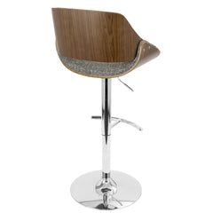 Fabrizzi Mid-Century Modern Adjustable Barstool with Swivel in Chrome Metal, Walnut Wood and Grey Noise Fabric with Rounded T Footrest by LumiSource - Set of 3